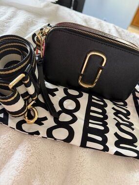 Marc Jacobs Black Snapshot Crossbody with Striped Strap
